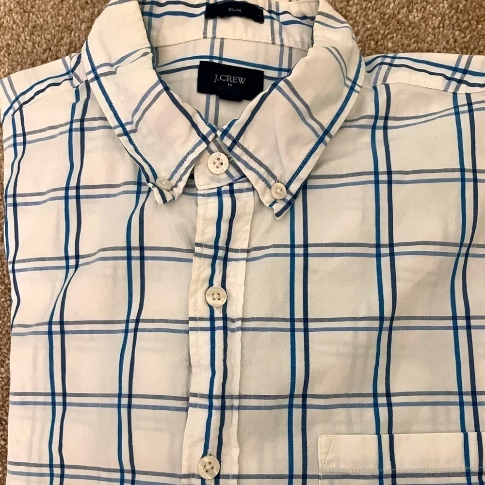 J. Crew Slim White Blue Plaid Long Sleeved Cotton Button Down‎ Shirt L Preppy